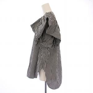 yori バルーンスリーブブラウス シャツ 半袖 クルーネック ギンガムチェック柄 38 黒 ブラック 白 ホワイト