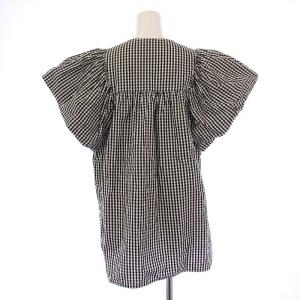 yori バルーンスリーブブラウス シャツ 半袖 クルーネック ギンガムチェック柄 38 黒 ブラック 白 ホワイト