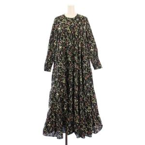 フラワーティアードワンピース フレア ギャザー マキシ ロング 長袖 クルーネック 花柄 総柄 黒 ブラック