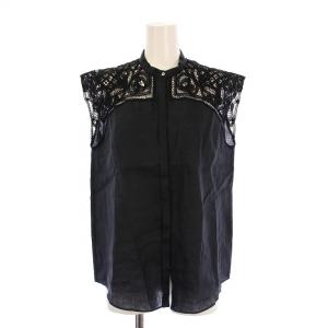 スワトーリネンスタンドカラーブラウス シャツ ノースリーブ レース 切替 36 黒 ブラック 13-01-22-01301