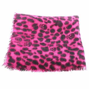 Alexander McQueen ストール マフラー 大判 フリンジ レオパード柄 スカル カシミヤ シルク混 ピンク 黒 ブラック /KU