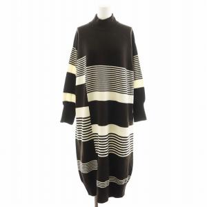 21AW ウールカシミヤ ボトルネックワンピース 長袖 ロング丈 ボーダー柄 36 アイボリー 茶 ブラウン