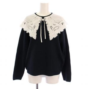 22SS コットンポリエステルリリヤーン レースカラープルオーバー ニット セーター 長袖 S 紺 11022102004