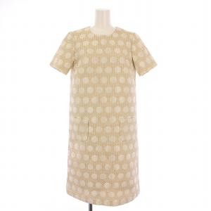 ワンピース ひざ丈 半袖 クルーネック ドット柄 36 ベージュ タグ付き /BB