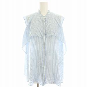 23SS トラックストライプ フレアヨークブラウス シャツ ノースリーブ 絹 シルク混 36 水色 ライトブルー
