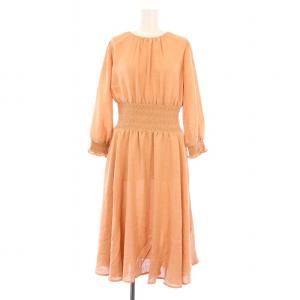 シャーリングワンピース フレア ミモレ ロング 長袖 クルーネック ウエストゴム ペチコート付き 34