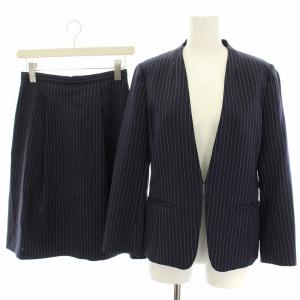 スーツ ノーカラージャケット フレアスカート ひざ丈 ストライプ 36 38 紺 ネイビー 127-42054