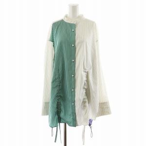 21AW ヘムギャザーシャツ ブラウス 長袖 ストライプ柄 F 白 ホワイト 緑 グリーン 紫 パープル