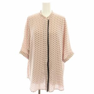 ノーカラーシャツ ブラウス 半袖 総柄 S ピンクベージュ 黒 ブラック /HN