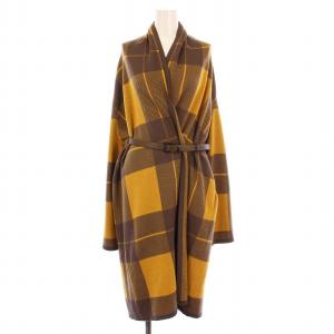 ニットカーディガントッパー ウール チェック柄 ベルト F ブラウン