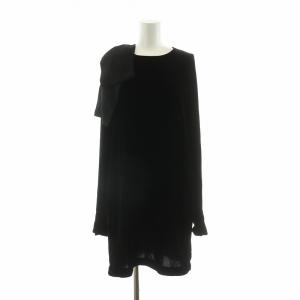 ベロアワンピース ひざ丈 長袖 絹 シルク混 リボン ラインストーン 40 ブラック P20IN2M H0115388
