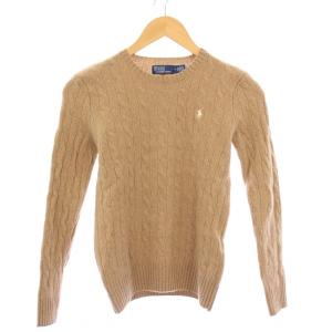 ニット セーター 長袖 クルーネック ケーブル編み ウール カシミヤ混 ロゴ 刺繍 M 茶 ブラウン /BB