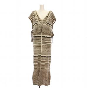 2点セット ニット ワンピース ロング ビスチェ付き 総柄 F ベージュ 茶 白 2211-OP-21