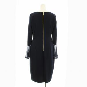 Calvin Klein シフォンフレア袖タイトワンピース ミモレ ロング 長袖 4 紺 ネイビー CD2C14DY /KU