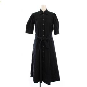 シャツワンピース ロング 半袖 パフスリーブ ウエストリボン 2 黒 /BM