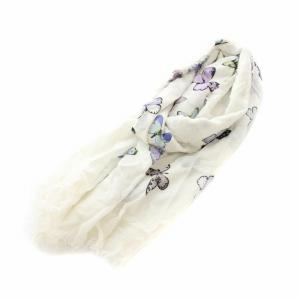 ストール マフラー 薄手 蝶柄 バタフライ柄 フリンジ 白 ホワイト 黒 ブラック 青 ブルー /YT