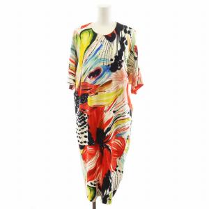 ワンピース ミモレ ロング 5分袖 総柄 36 マルチカラー 黒 ブラック 青 ブルー 赤 レッド 白
