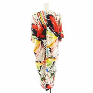 ESCADA ワンピース ミモレ ロング 5分袖 総柄 36 マルチカラー 黒 ブラック 青 ブルー 赤 レッド 白