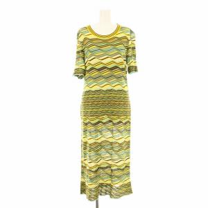 ニットワンピース ロング マキシ 半袖 クルーネック ボーダー柄 シルク 48 黄 イエロー 黄緑 /KU