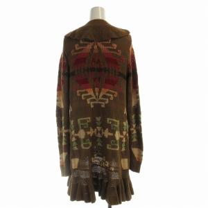 RALPH LAUREN HAND KNIT カーディガン ロング フリル 総柄 麻 リネン混 絹 シルク混 長袖 XS 茶 ブラウン