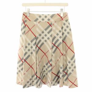 スカート ひざ丈 プリーツ フレア ノバチェック 絹 シルク混 38 ベージュ 赤 レッド FX351-033-51