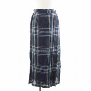 21SS ラップスカート フレアスカート ロング丈 チェック柄 麻 リネン F36 紺 ネイビー 21-060-463-0003-1-0