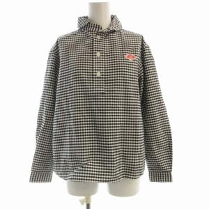 丸えりギンガムチェックプルオーバーシャツ ブラウス チェック 長袖 34 黒 ブラック 白 ホワイト JD-3564