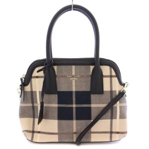 2WAY ハンドバッグ ショルダーバッグ レザー キャンバス 切替 チェック柄 ロゴ ベージュ 黒 ブラック