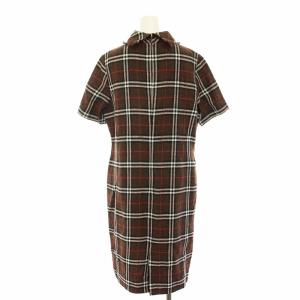 BURBERRY LONDON ワンピース ひざ丈 半袖 チェック柄 フリンジ 麻 リネン混 絹 シルク混 大きいサイズ 13ABR 茶