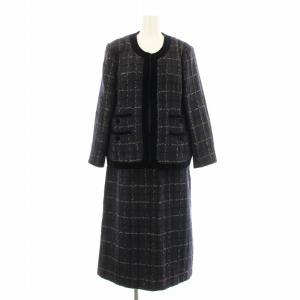Linton スーツ セットアップ 上下 ノーカラージャケット スカート ひざ丈 チェック柄 ベロア切替