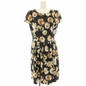 ワンピース 花柄 フラワープリント 半袖 ひざ丈 大きいサイズ 42 茶 ブラウン 黄色 イエロー 白