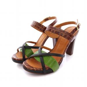 サンダル ヒール アンクルストラップ 37 ブラウン グリーン /YM