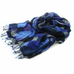 ストール 総柄 フリンジ 青 ブルー 黒 ブラック /RO