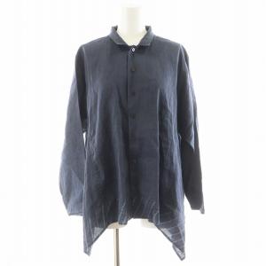 シャツ ブラウス 長袖 麻 リネン 絹 シルク混 M 紺 ネイビー J0171FB302 /AN46