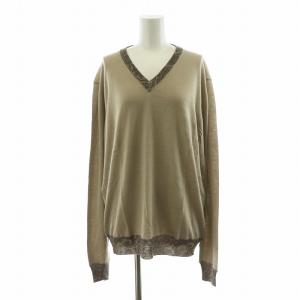 ニット カットソー 長袖 Vネック 絹 シルク混 カシミヤ混 XL モカ 142-1M101-9828
