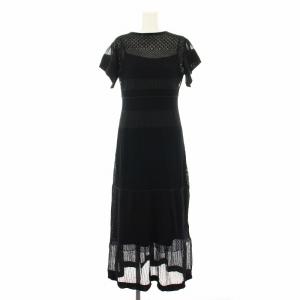 透かし編みニットワンピース ロング 半袖 2way インナーワンピース付き 36 黒 ブラック CWNO202063