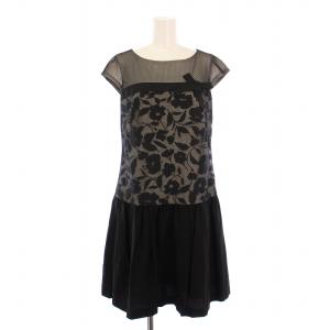 フレアワンピース ひざ丈 半袖 クルーネック レース 切替 花柄 リボン M 黒 ブラック /BB