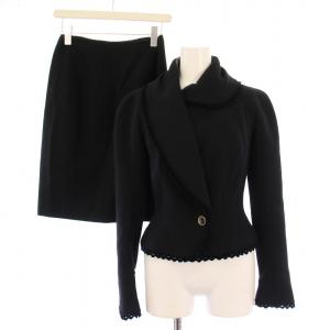 セットアップ ジャケット アウター 襟アシンメトリー 総裏地 タイトスカート ひざ丈 無地 ウール シルク