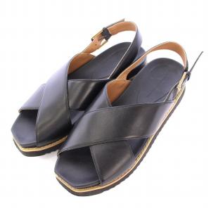 ストラップサンダル スクエアトゥ 厚底 レザー クロス 23.5cm 黒 ブラック /BB