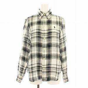 0200011734 ボタンダウンシャツ 長袖 チェック柄 麻 リネン ロゴ 刺繍 XS 黒 ブラック