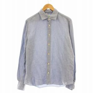 リネン混 シャツ 長袖 鹿の子 麻 コットン XL 水色 ライトブルー /G