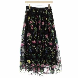 チュールスカート 2812 1028 花柄 刺繍 ロング フレアスカート 38 黒 ブラック /G