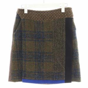 台形スカート ひざ丈 チェック柄 切替 ウール シルク混 絹 38 マルチカラー 緑 グリーン 茶 ブラウン
