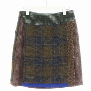 ETRO 台形スカート ひざ丈 チェック柄 切替 ウール シルク混 絹 38 マルチカラー 緑 グリーン 茶 ブラウン