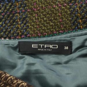 ETRO 台形スカート ひざ丈 チェック柄 切替 ウール シルク混 絹 38 マルチカラー 緑 グリーン 茶 ブラウン