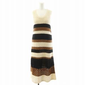 ニットワンピース ロング丈 ノースリーブ ボーダー柄 コットン S 白 ホワイト 黒 ブラック 茶 ブラウン