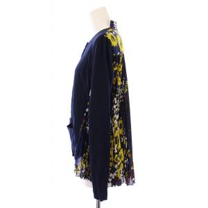 sacai カーディガン 長袖 クルーネック プリーツ ニット 切替 花柄 1 紺 ネイビー /BB
