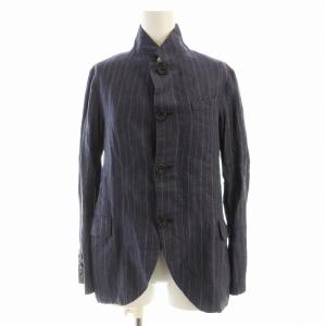 ジャケット シングル 麻 リネン ストライプ 1 紺 ネイビー /EE