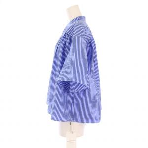 MACPHEE 24SS コットンブロード ギャザーブラウス シャツ 半袖 ストライプ柄 36 青 白 12014201403