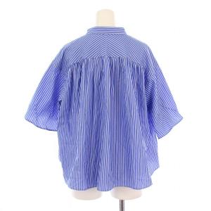 MACPHEE 24SS コットンブロード ギャザーブラウス シャツ 半袖 ストライプ柄 36 青 白 12014201403